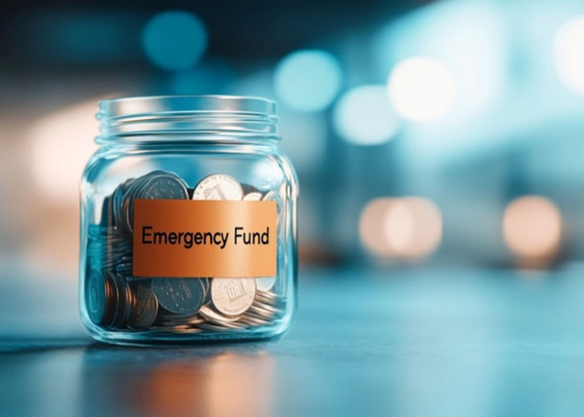 Jar with orange label stating, “Emergency Fund” full of quarters sitting on a counter.