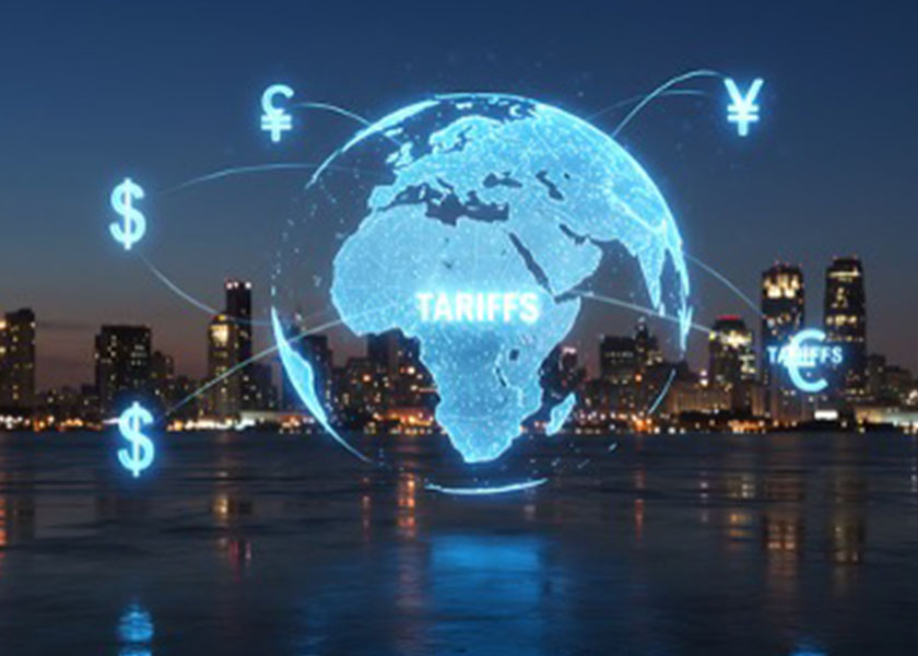 Blue globe labeled “Tariffs” with different currency symbols with a city skyline at night in background.