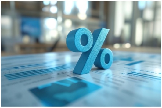Blue 3D percent symbol on financial documents with charts, symbolizing interest rates or data analysis in a modern office.
